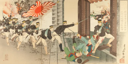 Harada Jyukichi, een dappere soldaat versloeg immense vijanden door over de muur van het noorden te klimmen